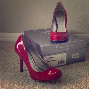 Jessica Simpson patent red pumps